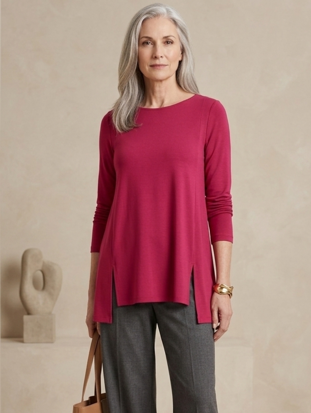 Eileen Fisher Women's Red Bateau Neck Tunic Long Sleeve Top - Size XXS